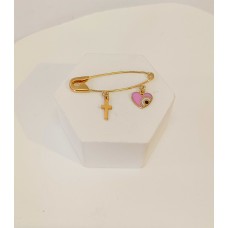 Παραμάνα Σε Κίτρινο Χρυσό 9Κ - Σταυρός και καρδιά με ροζ σμ΄άλτο και ματάκι (KID180)